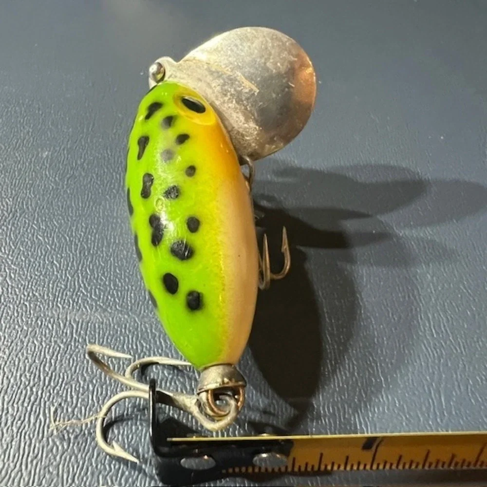 2 Vintage Fred Arbogast Jitterbug Fishing Lures Frog Pattern Topwater Bass Akron